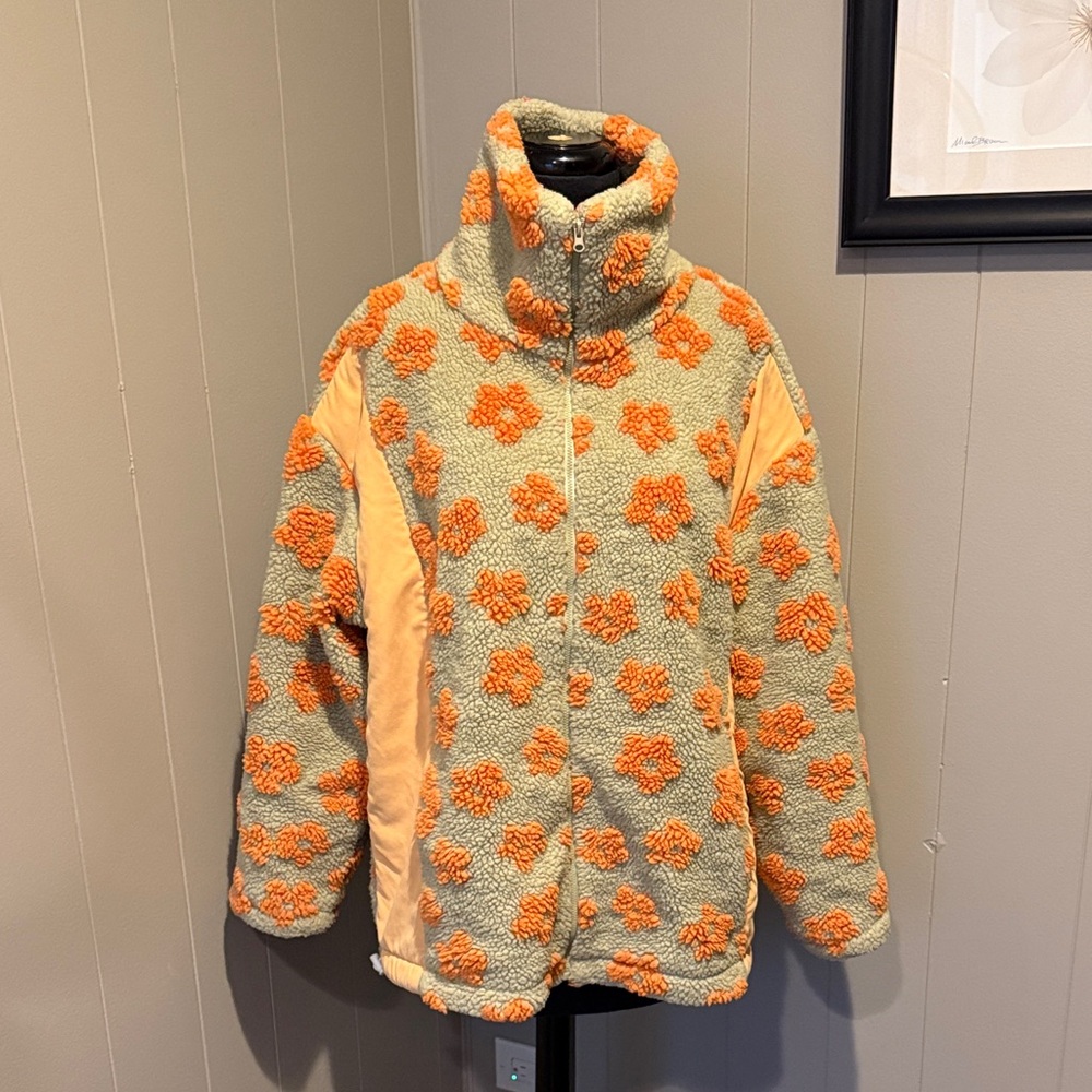B26 BiBi Women Small Orange and Gray Teddy Jacket Full Zip Outdoor Causal